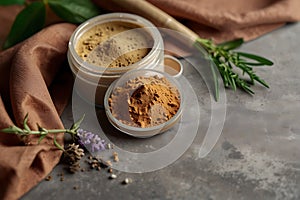 ai generated, 3d illustration.Jar with aromatic turmeric powder and herbs on table, closeup