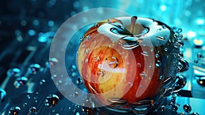 AI generated 3D image of an apple with water drop on the abstract light bokeh blurred background.