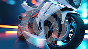 AI generated 3d image of a holographic wireframe motorbike model with a digital color background.