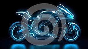 AI generated 3d image of a holographic wireframe motorbike model with a digital color background.