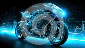 AI generated 3d image of a holographic wireframe motorbike model with a digital color background.