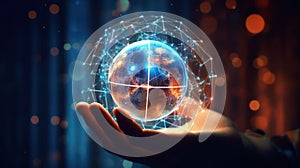 AI generated 3D image of human hand holding the digital globe crystal ball hologram network connection blurred background.