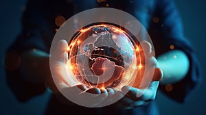 AI generated 3D image of human hand holing the digital globe crystal ball hologram network connection blurred background.