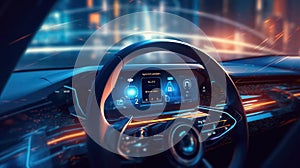 AI generated 3d image of a modern car interior, steering wheel and dashboard and a digital color background.
