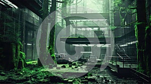 AI Generated Abandoned Light Green and Black Research Facility in a Forest