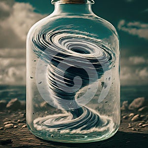 AI generated abstract artwork consisting of a whirlwind trapped in a bottle with lid