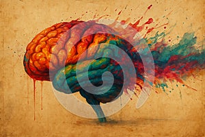 AI generated abstract digital art of a human brain in side view with vibrant paint splash effect symbolizing creativity