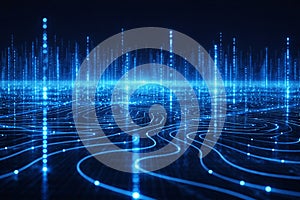 AI generated abstract digital landscape flowing data lines and vertical light streams representing big data processing digital