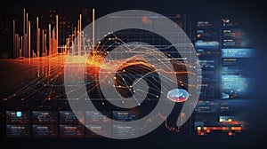AI generated, Abstract Futuristic infographic with Visual data complexity, represent Big data concept, node base programming.