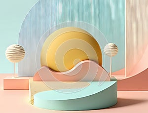 AI generated  abstract minimal geometric forms, podium for product presentation, cream background, simple composition