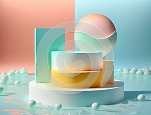 AI generated  abstract minimal geometric forms, podium for product presentation, cream background, simple composition