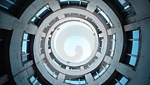 AI-generated abstract view of a circular building interior looking up at the sky