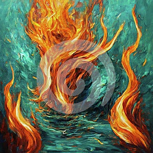 AI generated acrylic painting of orange flames of fire in the midst of waves of blue water.