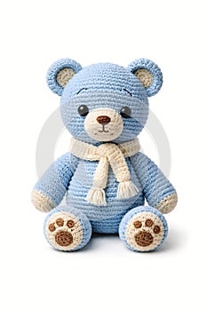 Cute Blue Crochet Teddy Bear Toy Isolated On White Background For Baby Concepts