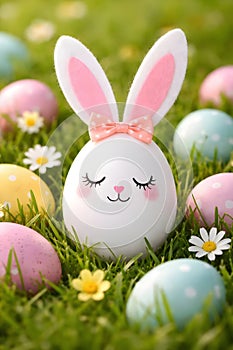 Cute Easter Bunny Egg With Closed Eyes In Spring Grass And Pastel Eggs