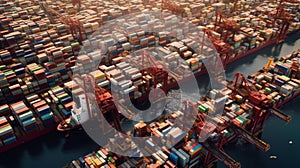 Ai generated. Aerial view of stacked shipping containers at a busy port with cranes and cargo ships in the background
