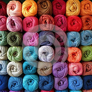 Colorful Yarn Balls Displayed in Neat Rows Varied Textures and Vibrant Colors for Knitting and Crocheting photo