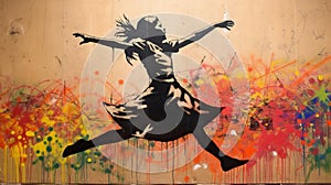 AI Generated. AI Generative. Street art graffiti of dancing person music rhythm. Inspired by Banksy underground culture. Graphic