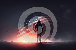 AI generated american hero patriot man at dark USA flag background blowing wind