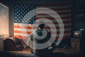 AI generated american hero patriot man at dark USA flag background blowing wind