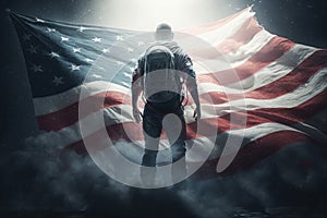 AI generated american hero patriot man at dark USA flag background blowing wind