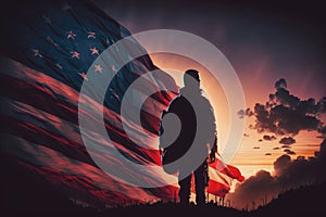 AI generated american hero patriot man at dark USA flag background blowing wind