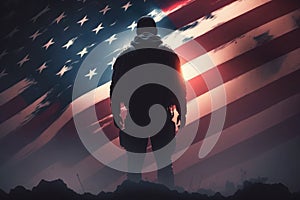 AI generated american hero patriot man at dark USA flag background blowing wind