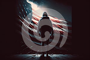 AI generated american hero patriot man at dark USA flag background blowing wind