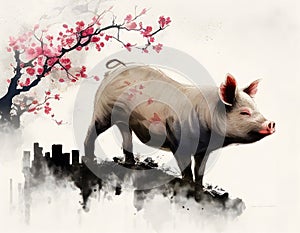 The pig, one of 12 chinese zodiac animal, painted in the way of chinese style.