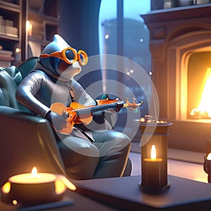 AI generated. Anthropoid fish holding a violin while sitting by the fireplace