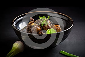 AI generated appetizing Adobo in a dark green bowl