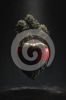 Floating apple island with pine trees and atmospheric spotlight photo