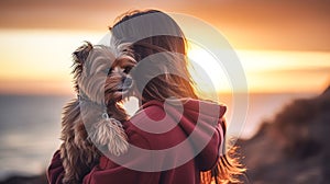 AI Generated Appreciating Life A Woman Holding Her Dog and Looking at the Sunset photo