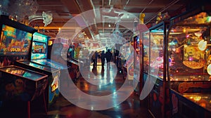 AI generated arcade with pinball and video game machines on the walls photo