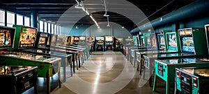 AI generated arcade with pinball and video game machines on the walls photo