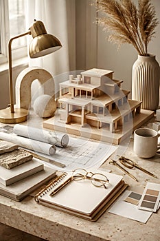 Architect Creative Workspace With Wooden Scale Model Blueprints And Design Tools