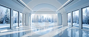Bright Minimal Modern Interior With Panoramic Windows Overlooking Peaceful Winter Forest Landscape