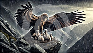 Eagle Protecting Chicks from the Storm