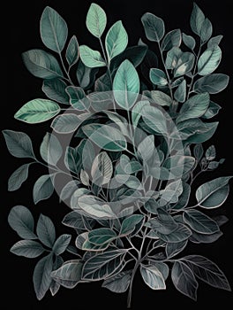 Ai Generated Art Watercolor Painting of an Abstract Branches and Leaves against a Black Background in Bright Pastel Sage Green
