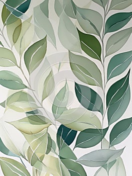 Ai Generated Art Watercolor Painting of an Abstract Eucalyptus Branches and Leaves on White Background in Bright Pastel Sage