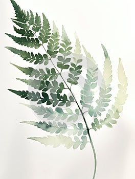 Ai Generated Art Watercolor Painting of an Abstract Fern Leaf on the White Background in Bright Pastel Sage Green Colors