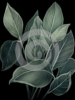 Ai Generated Art Watercolor Painting of an Abstract Leaves against a Black Background in Bright Pastel Sage Green Colors