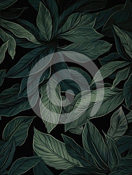 Ai Generated Art Watercolor Painting of an Abstract Leaves against a Black Background in Green Colorsx