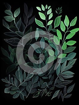 Ai Generated Art Watercolor Painting of an Abstract Leaves on a Black Background in Dark and Bright Green Colors