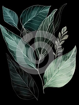 Ai Generated Art Watercolor Painting of an Abstract Leaves on a Black Background in Green Colors