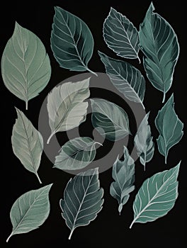 Ai Generated Art Watercolor Painting of an Abstract Set of Diverse Leaves against a Black Background in Bright Pastel Sage