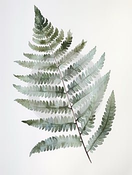 Ai Generated Art Watercolor Painting of a Fern Leaf Isolated on White Background in Bright Pastel Sage Green Colors