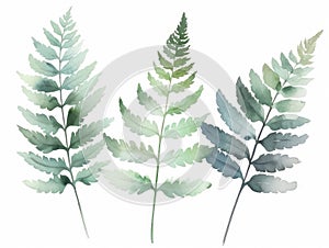 Ai Generated Art A Watercolor Painting of three Abstract Fern Leaves against White Background in Pastel Sage Green Colors