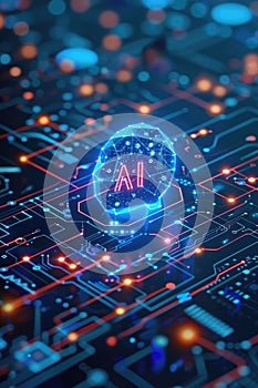 Artificial intelligence symbol within a neural network on a circuit board.