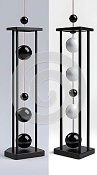 An AI-Generated Artistic Comparison of Two Modern Pendulum Sculptures, Featuring a Sleek Black Frame Encasing a Vertical Cascade